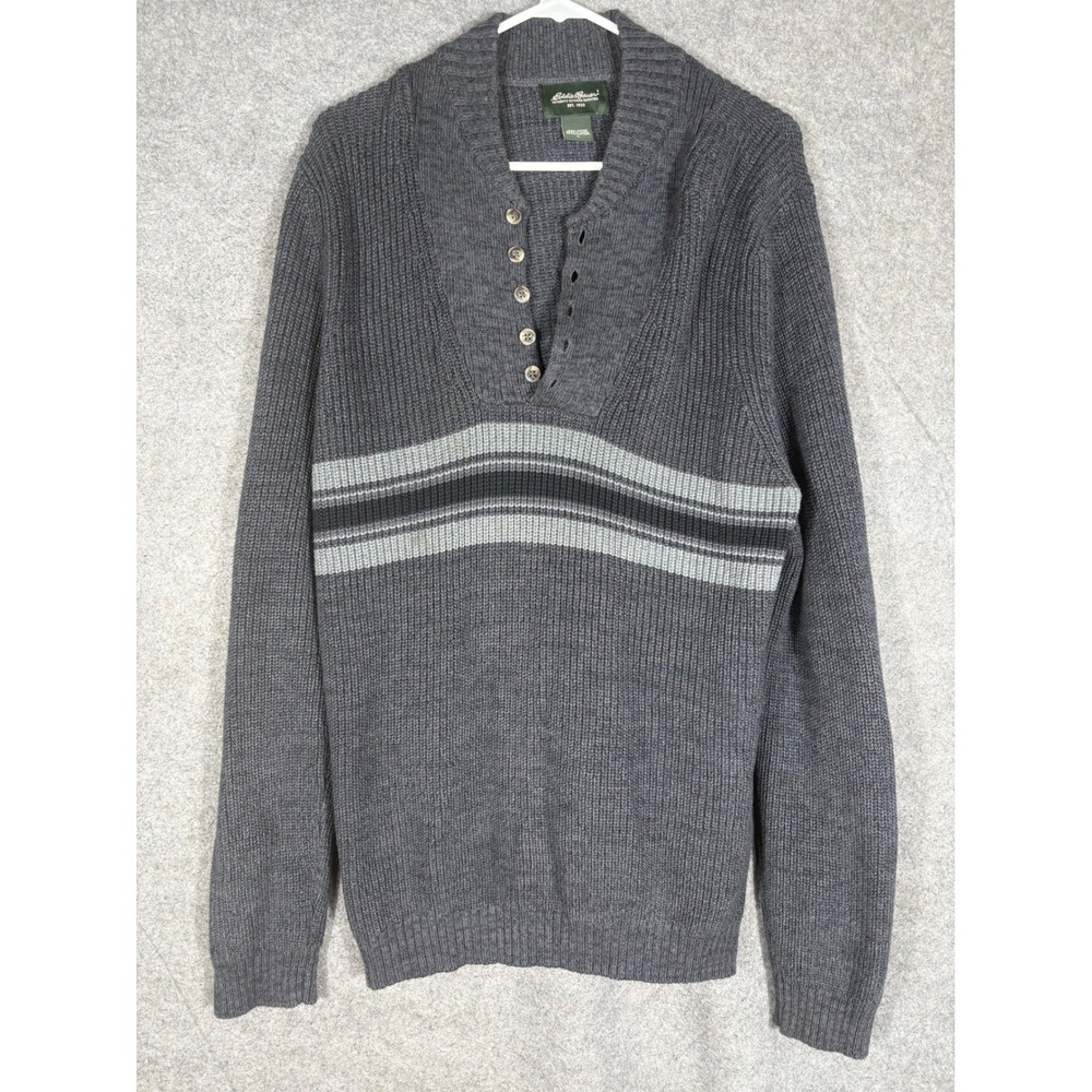 Eddie Bauer Mens L Gray‎ Ribbed Cotton Shawl Button Henley Striped Sweater